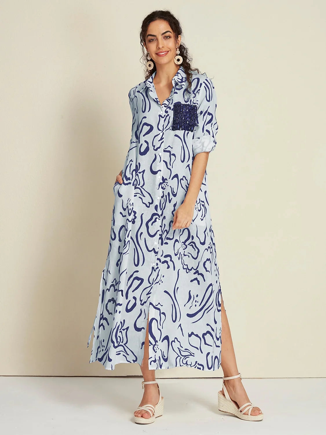 St Barth Blooms Airy Linen Look Blue Maxi Dress