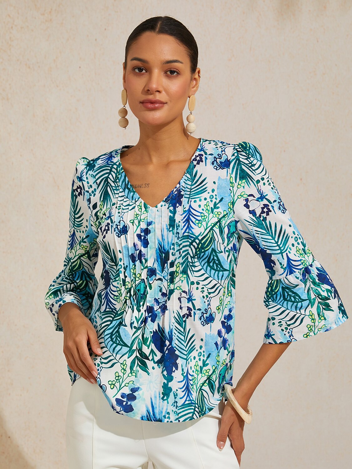Cobalt Flora Reverie Linen Look V Neck Blouse