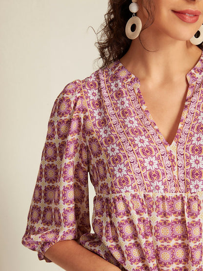 Chiffon Ethnic Floral Print Half Sleeve V-Neck Midi Dress