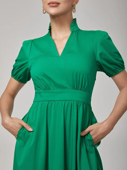 Deep Moss Green Cotton Puff Sleeve Dress