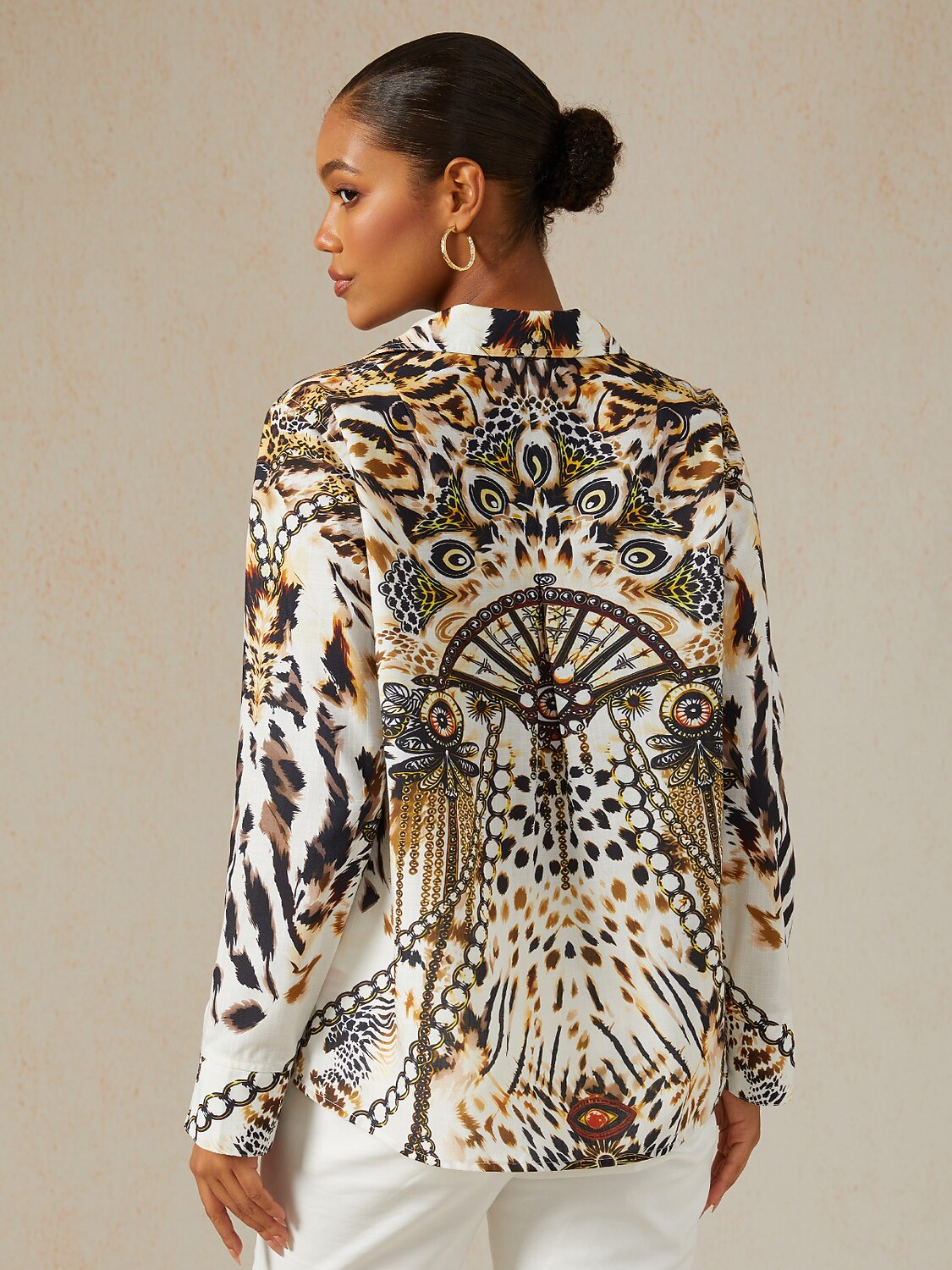 Vintage Leopard Jewelry Linen Look Blouse