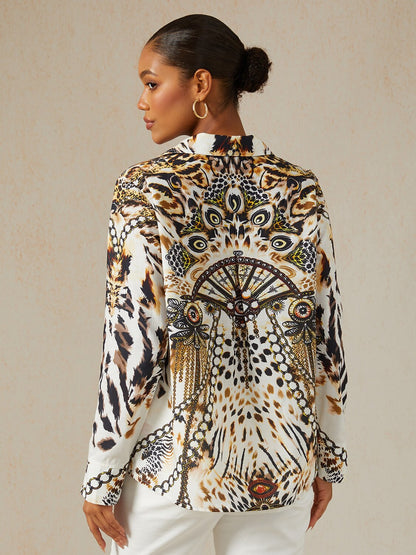 Vintage Leopard Jewelry Linen Look Blouse