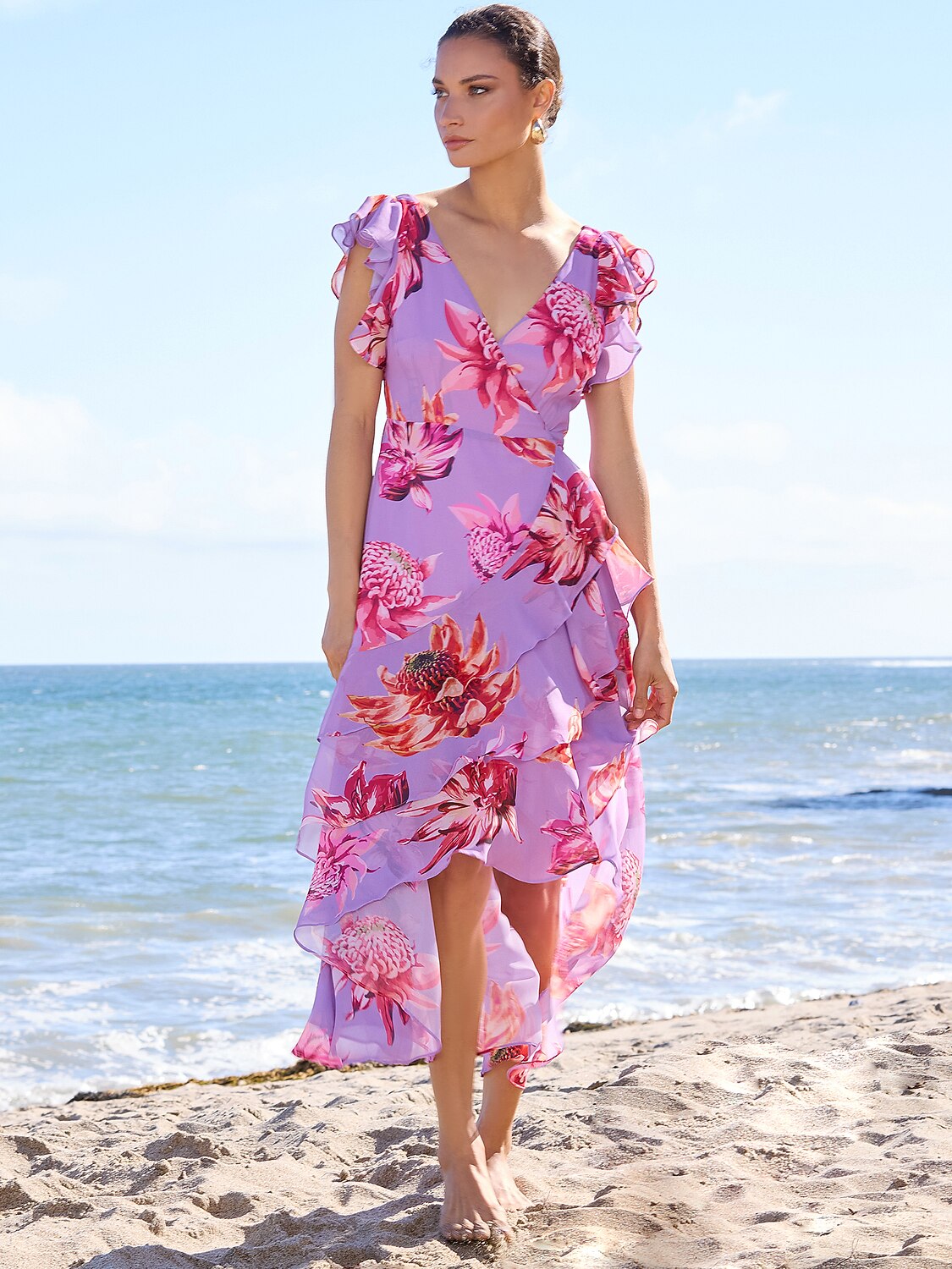 Chiffon Floral Cross Front Ruffle Sundress Midi Dress