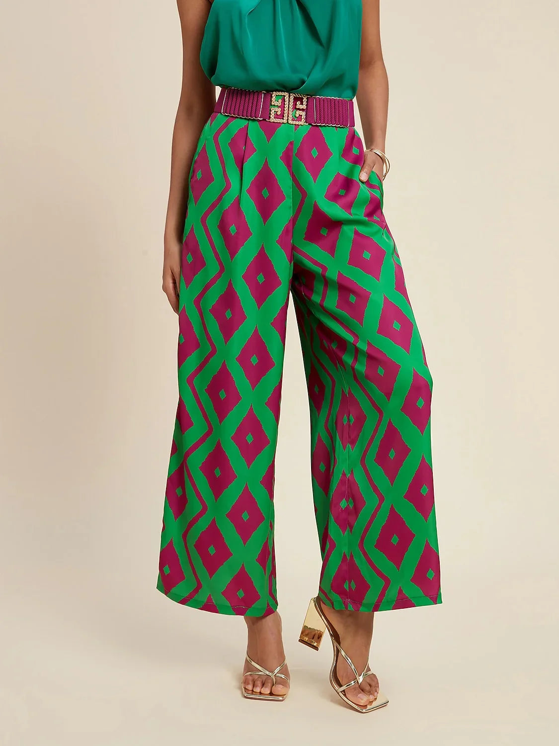 Satin Pocket Geometric Print Micro elastic Straight Pants