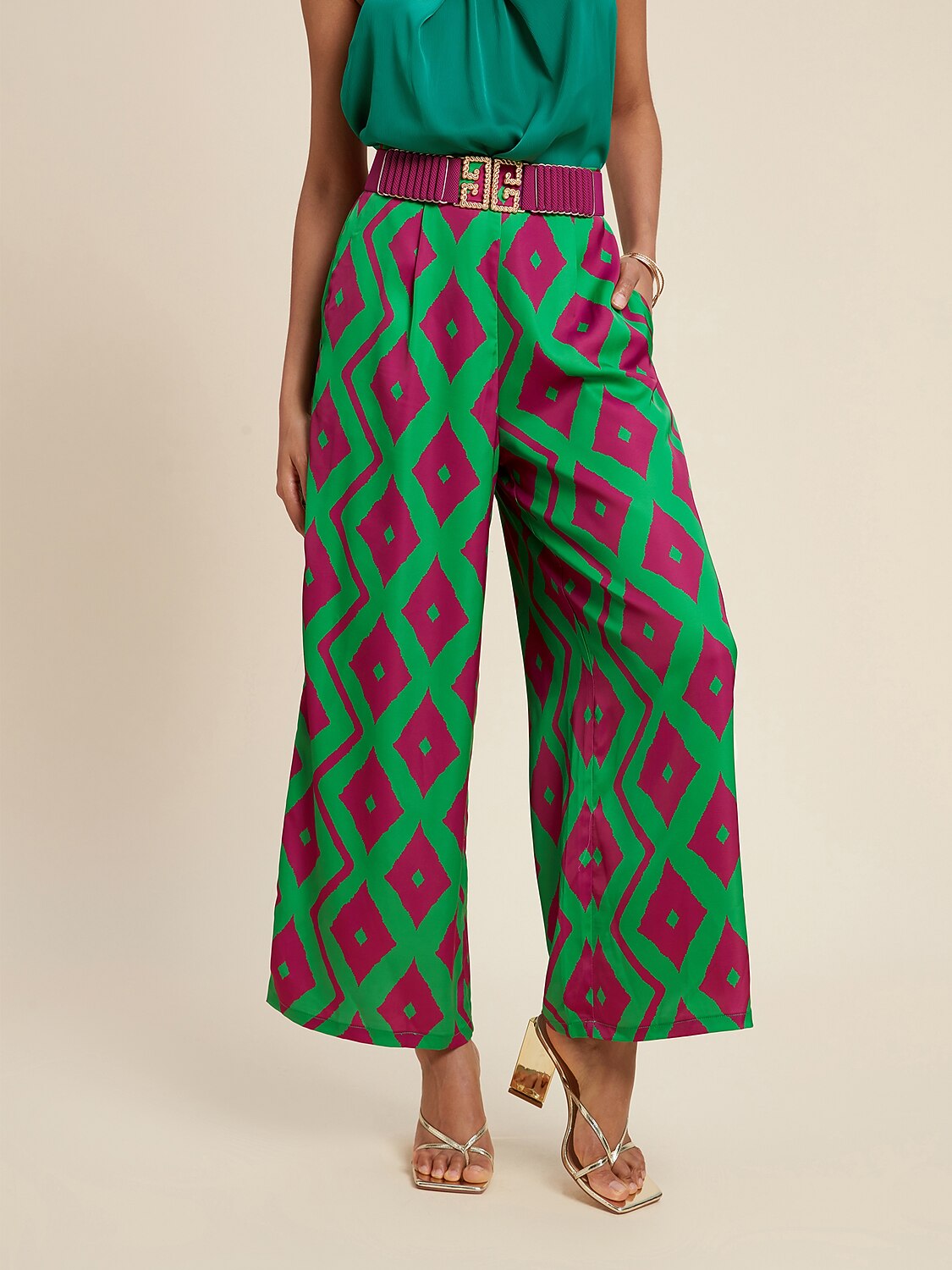 Satin Pocket Geometric Print Micro-elastic Straight Pants