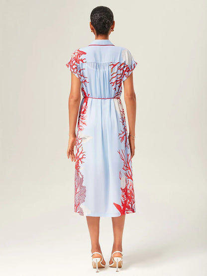 Loose Color-Block Coral Print Shirt Maxi Dress