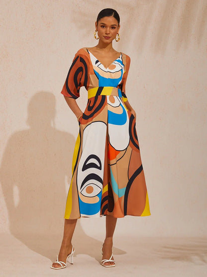 Abstract Art Silky Satin Vacation Maxi Dress