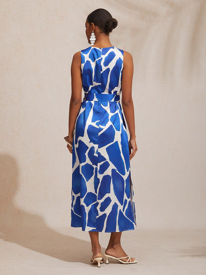 Vacation Geometric Color Block Print Straight Fit Satin Maxi Dress