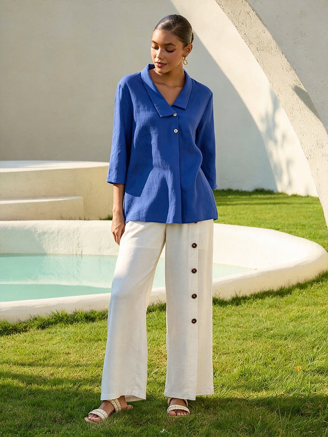 Linen Blend Asymmetric Collar Inverted Pleat Top
