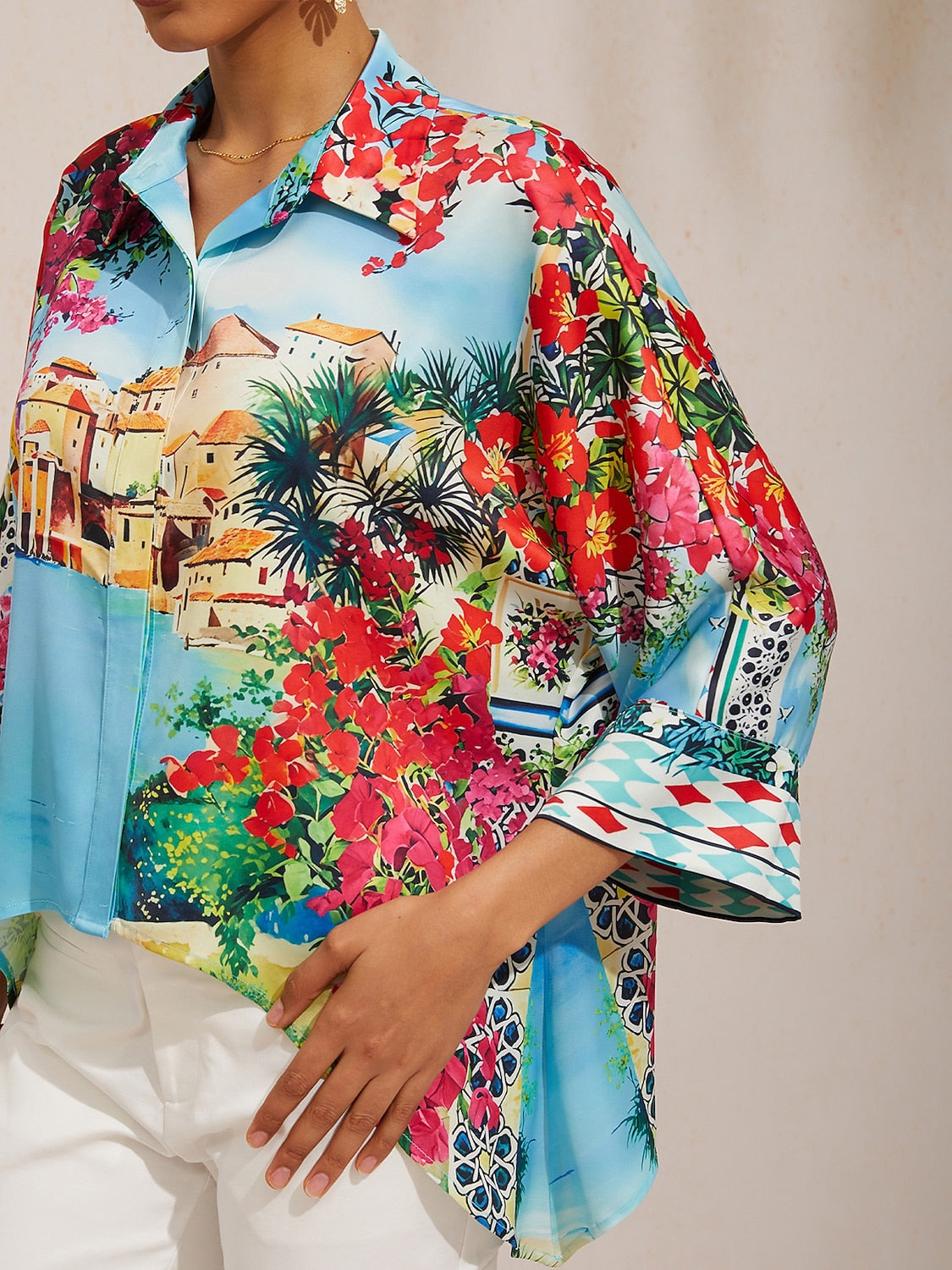 Mallorca Blossom Silky Satin Dolman Sleeve Button Down Shirt