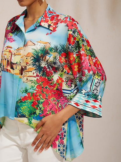 Balearic Islands Blue Silky Satin Dolman Sleeve Button Down Shirt