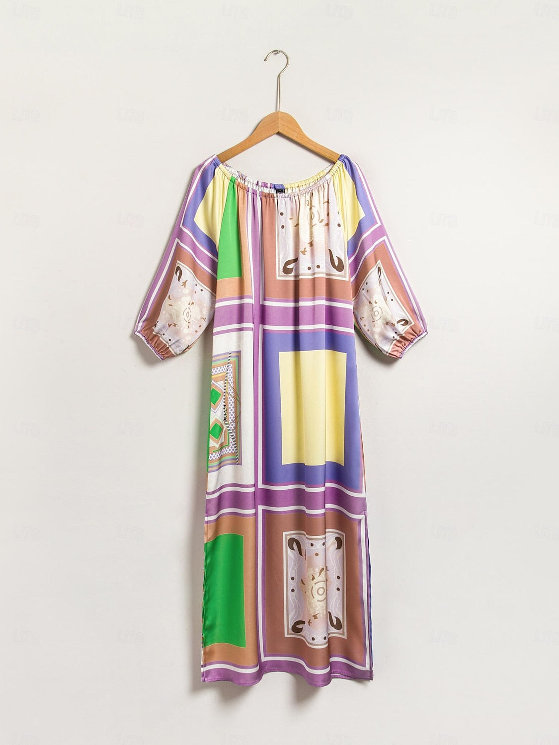 Vestido Maxi Fruncido de Satén con Bloques de Color Geométricos para Vacaciones