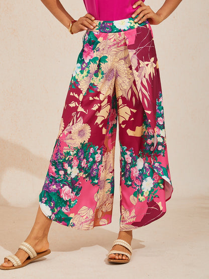 Fiery Pink Rose Silky Satin Slit Wide Leg Pants