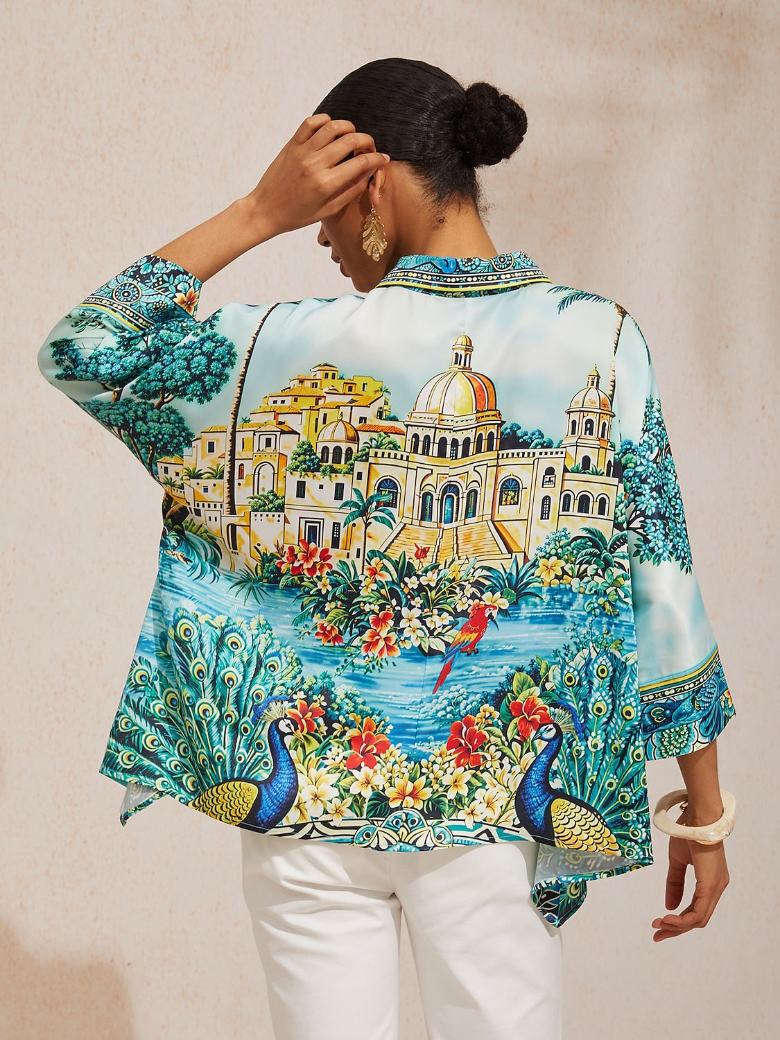 Balearic Islands Blue Silky Satin Dolman Sleeve Button Down Shirt