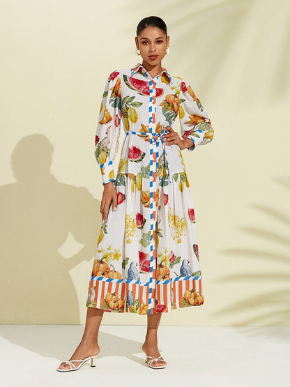Vestido camisero midi de lino y algodón con estampado de frutas y rayas