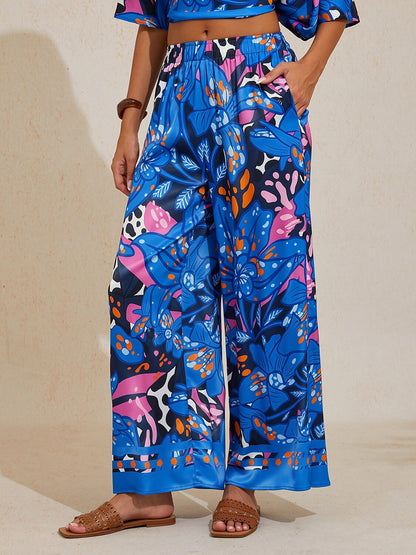 Abstract Azure Silky Satin Wide Leg Pants