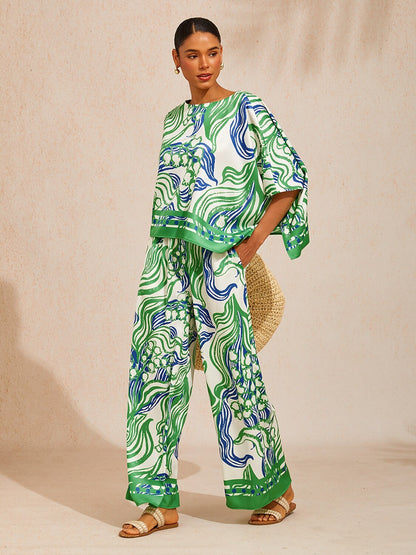 Pink Jungle Flora Silky Satin Wide Leg Pants