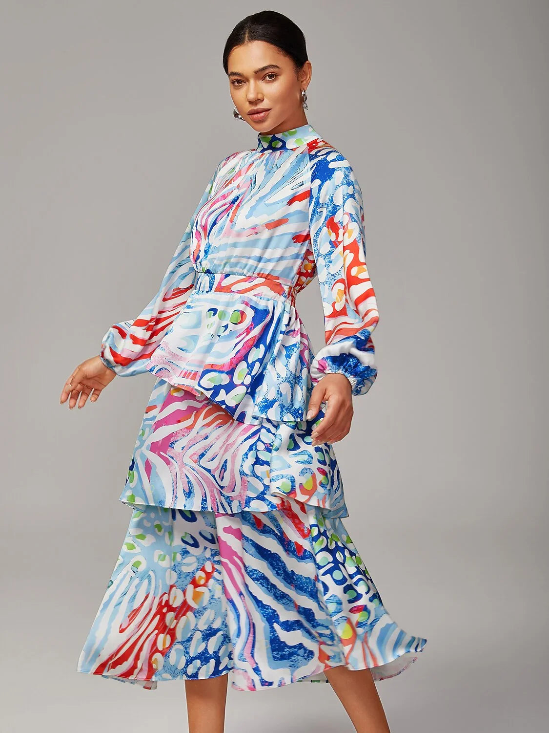 Watercolor Leopard Print Chiffon Tiered Dress