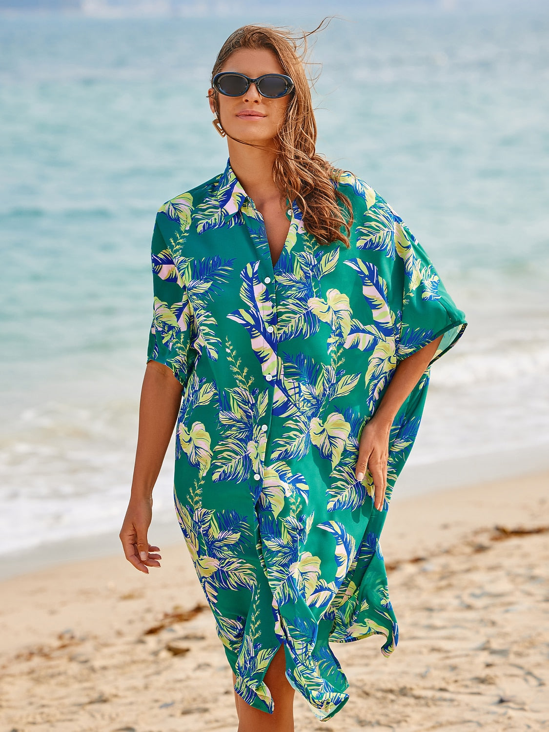 Leaf Print Shirt Short Sleeve Midi Chiffon Dress