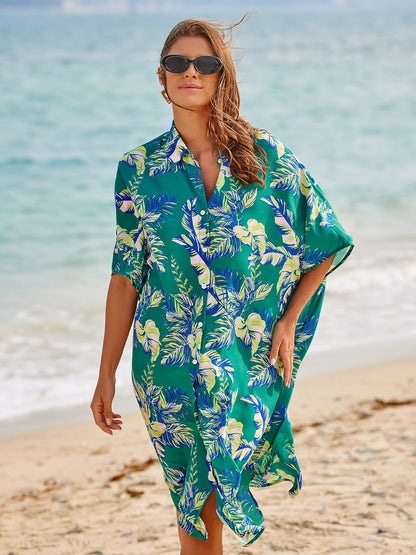 Leaf Print Shirt Short Sleeve Midi Chiffon Dress