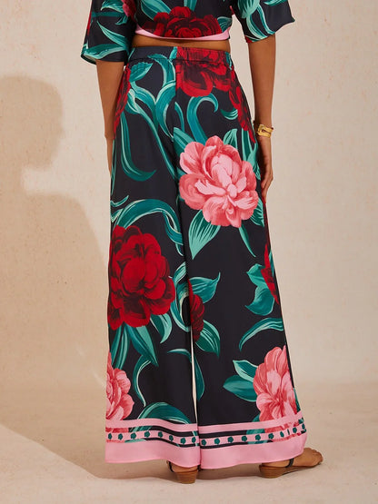 Summer Night Palm Silky Satin Wide Leg Pants