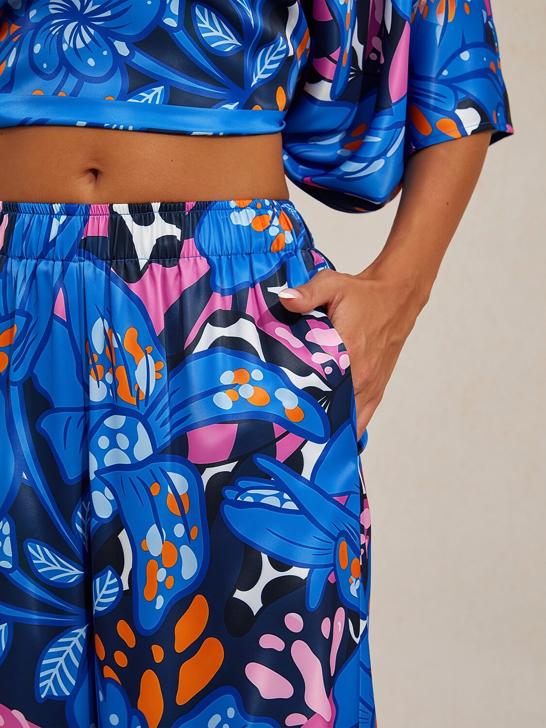 Abstract Azure Silky Satin Wide Leg Pants