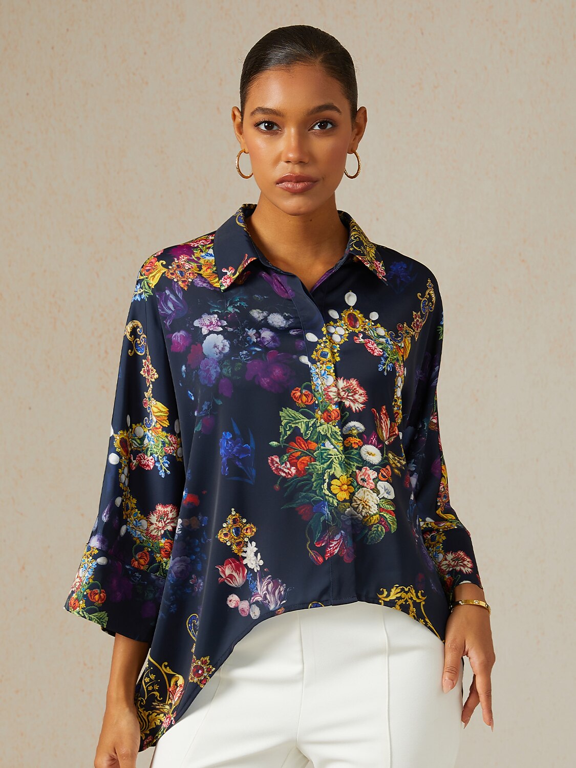 Midnight Jewel Bloom Silky Satin Oversized Shirt