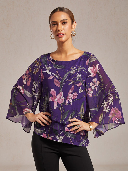 Dark Purple Floral Print Sheer Chiffon Blouse