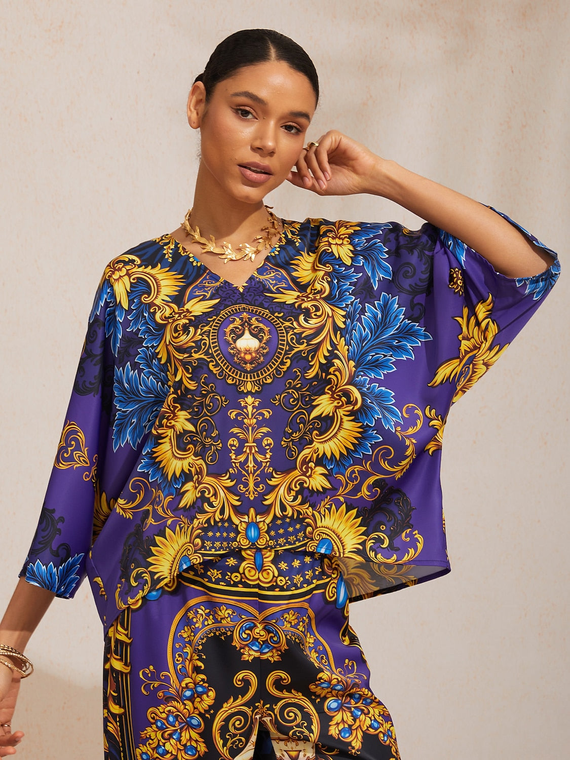 Indigo Tigress Silky Satin  Vacation Batwing Top