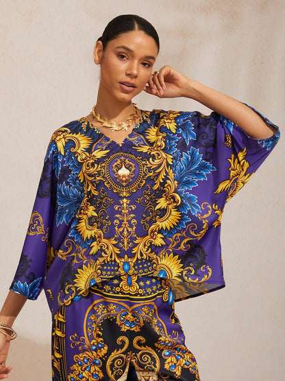 Indigo Tigress Silky Satin  Vacation Batwing Top