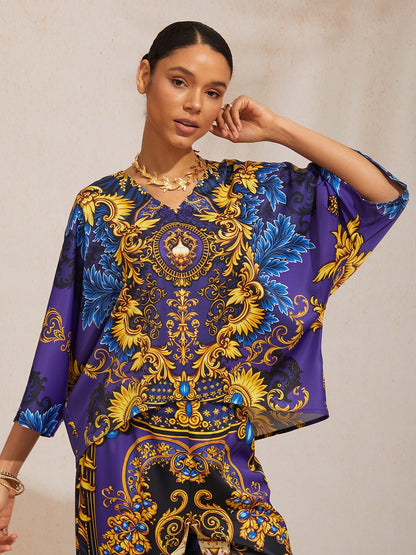 Emerald Empress Silky Satin V-Neck Batwing Top
