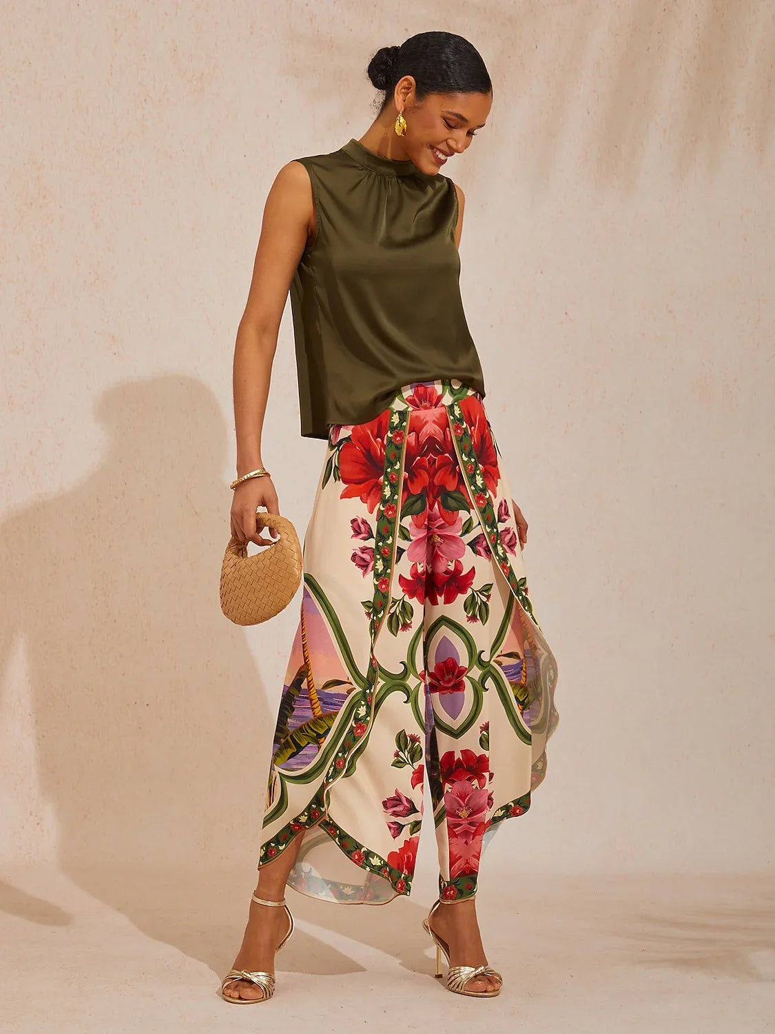 Hawaii Palm Silky Satin Floral Top