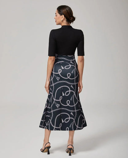 Lyocell Chain Print Colorblock Fishtail Dress