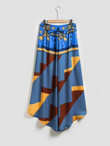 Satin Geometric Print Swing Full Length Micro-Elastic Pants
