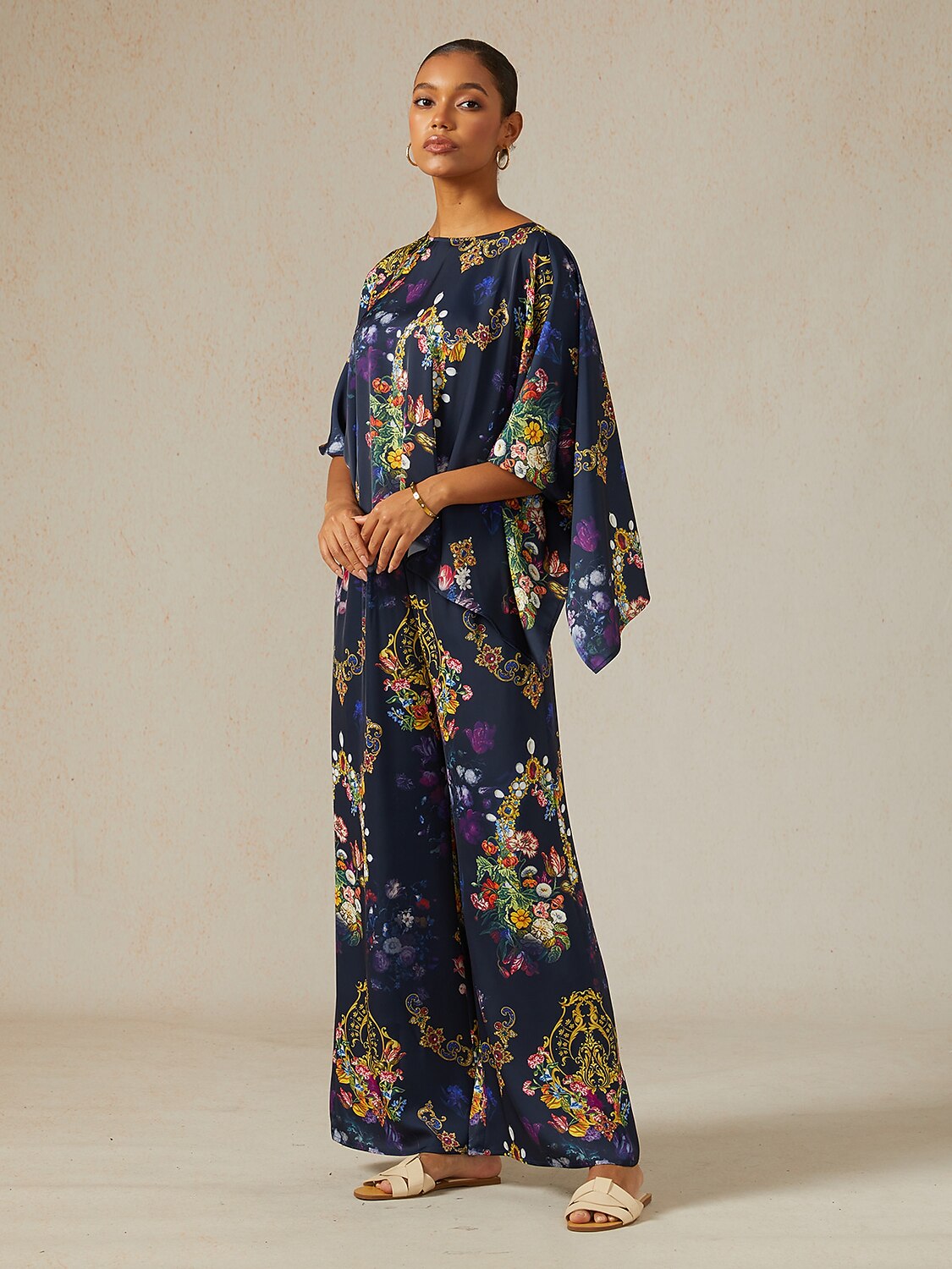 Midnight Jewel Bloom Silky Satin Dolman Sleeve Top