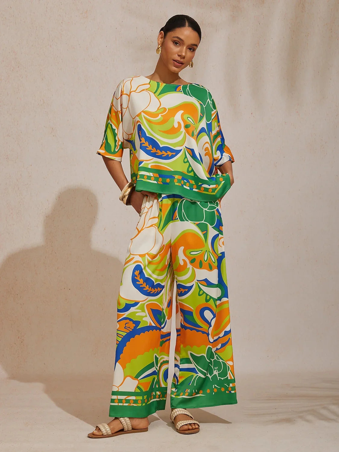Summer Night Palm Silky Satin Dolman Sleeve Top