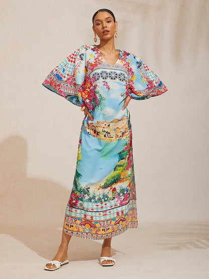 Mallorca Blossom Flowy Chiffon Dolman Sleeve Maxi Dress