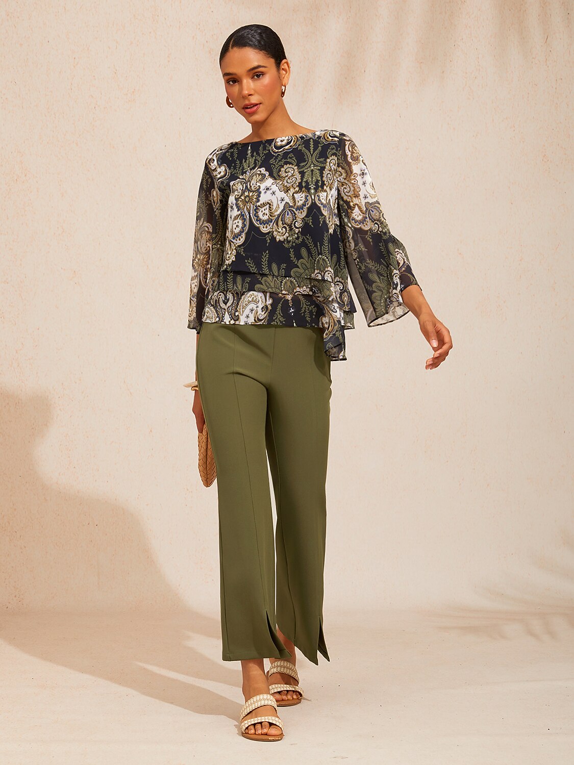 Green Mandala Floral Layered Chiffon Blouse