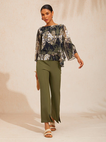 Green Mandala Floral Layered Chiffon Blouse