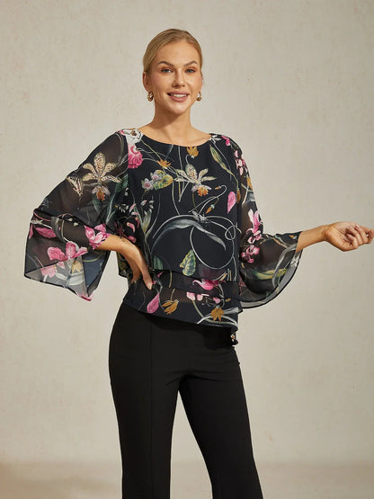 Black Chiffon Floral Print 3/4 Loose Round Blouse