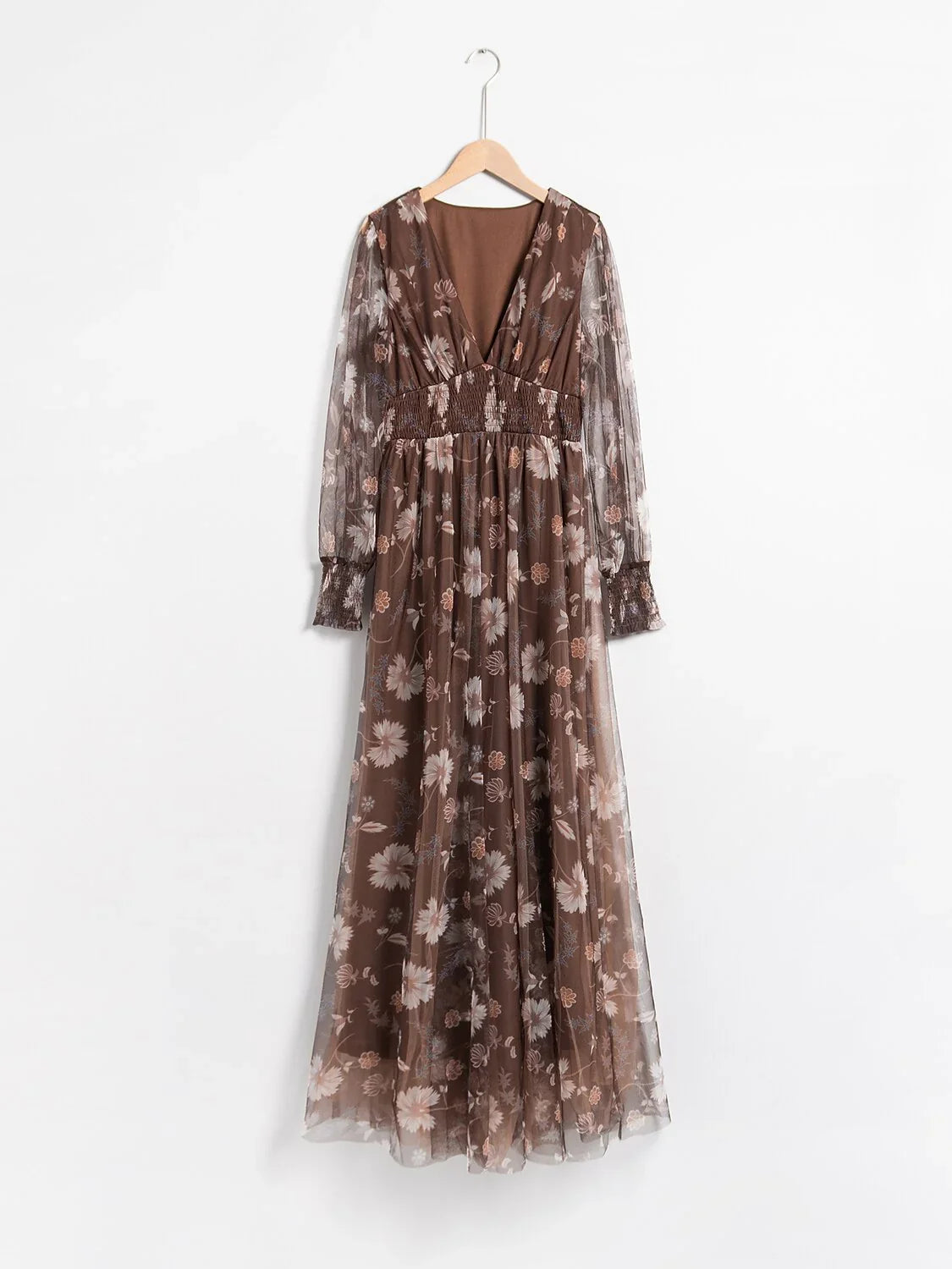 V-Neck Floral Mesh Maxi Dress