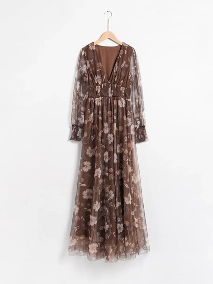 V-Neck Floral Mesh Maxi Dress