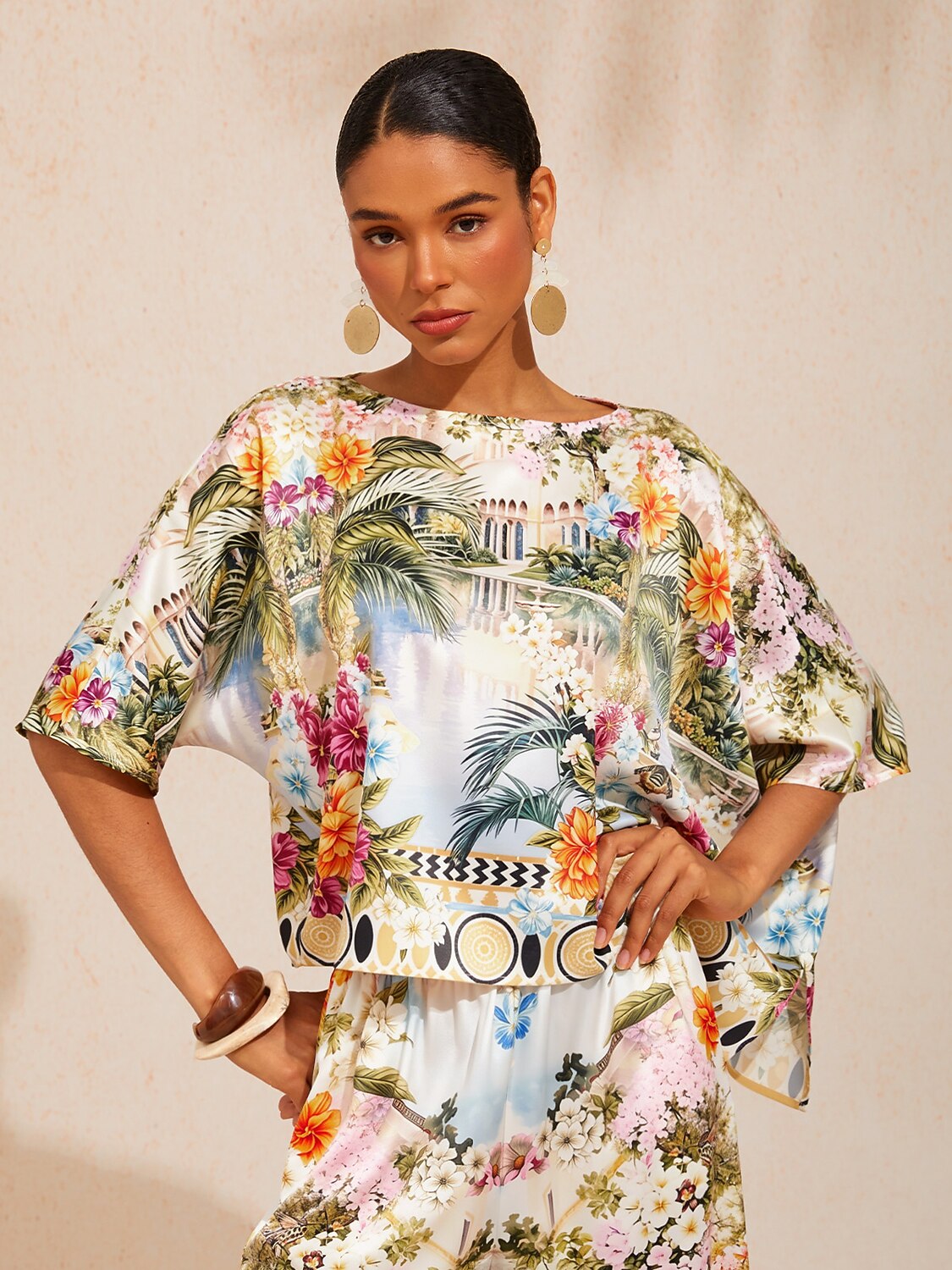 Pastel Floral Garden Silky Satin Dolman Top