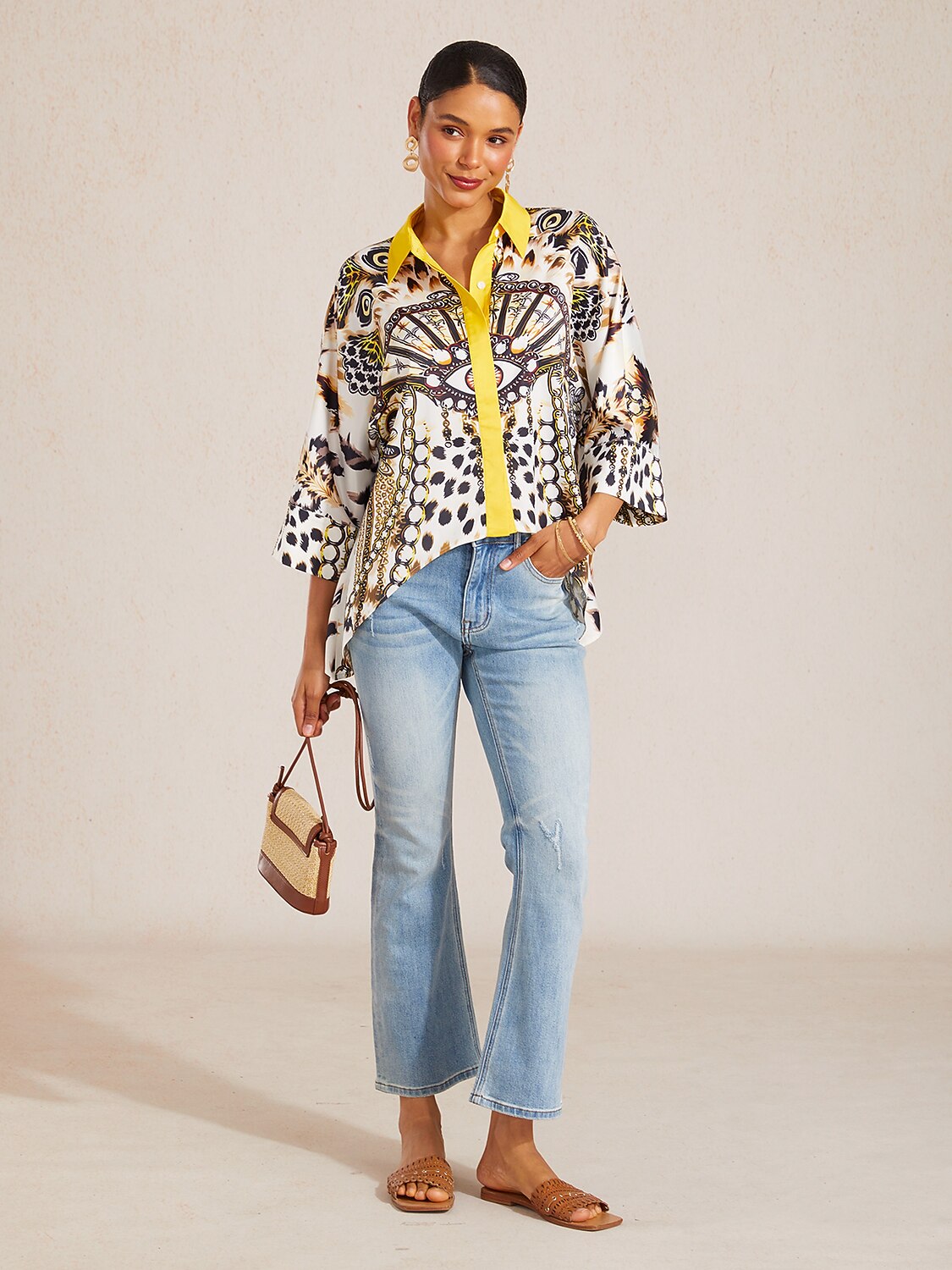 Pastel Floral Garden Satin Dolman Sleeve Button Down Shirt