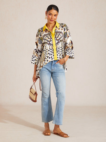 Mallorca Blossom Silky Satin Dolman Sleeve Button Down Shirt