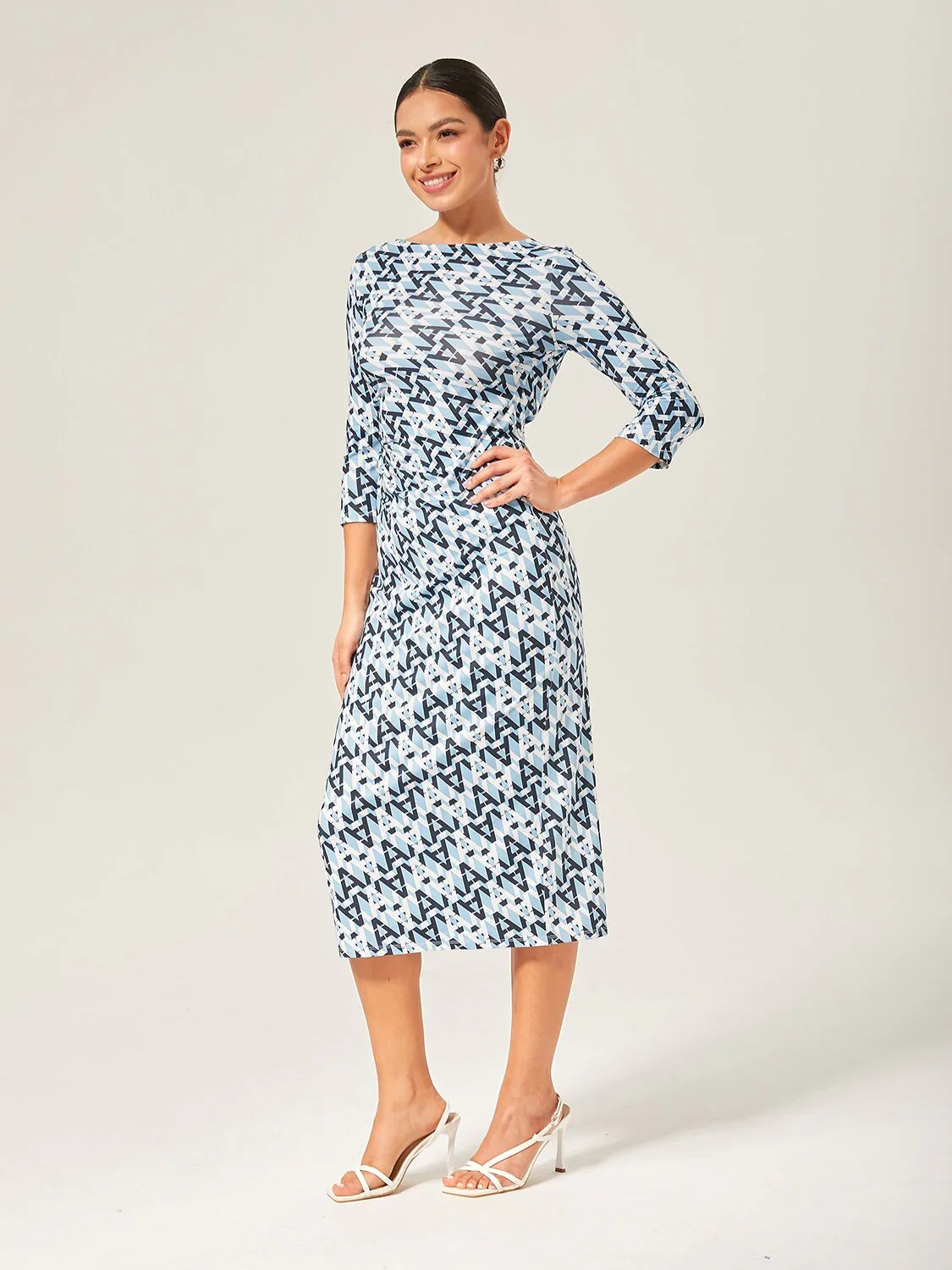 Casual Blue Geometric Print Midi Dress