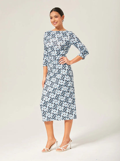 Casual Blue Geometric Print Midi Dress
