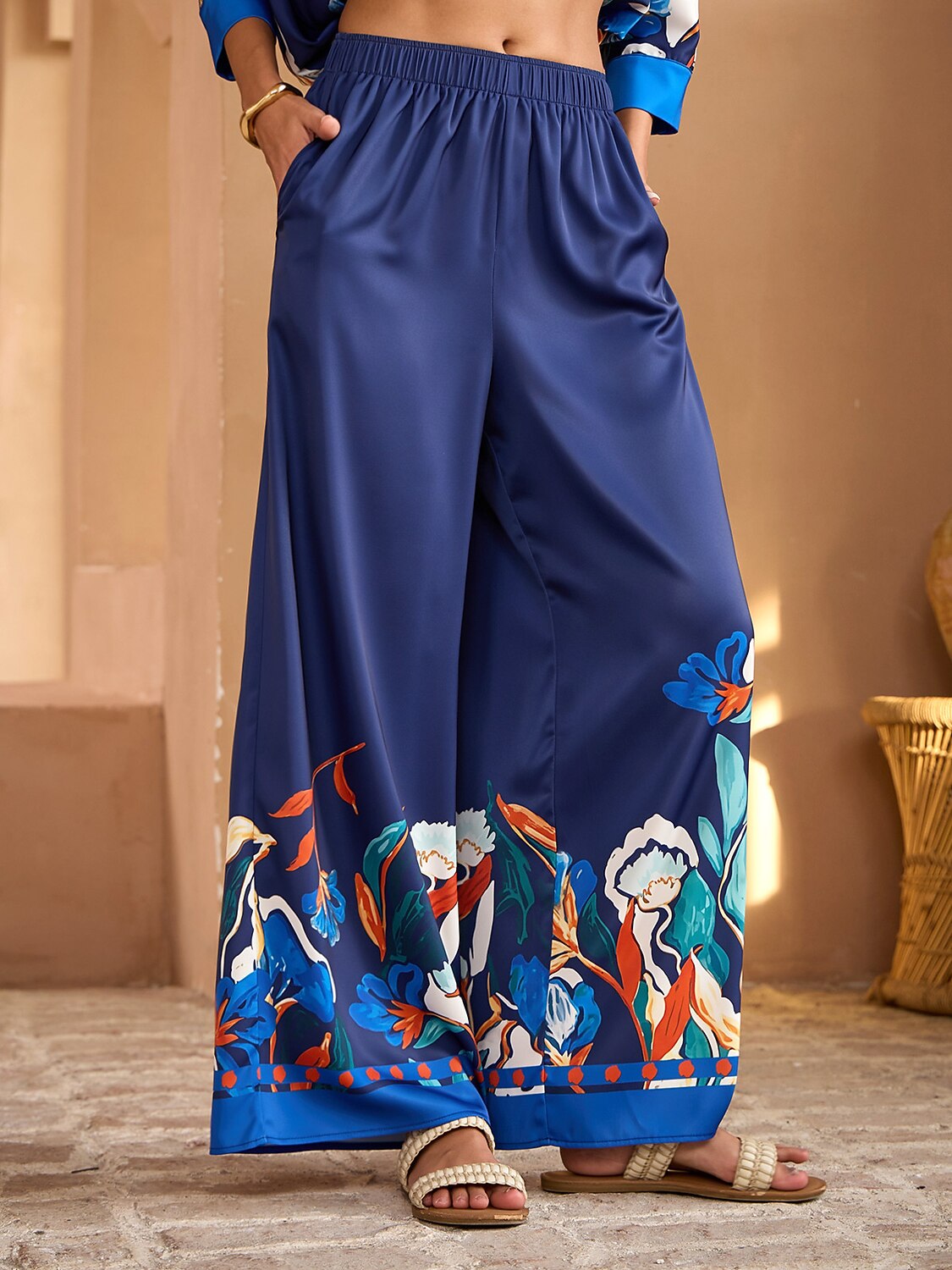 Blue Watercolor Iris  Satin Wide Leg Pants