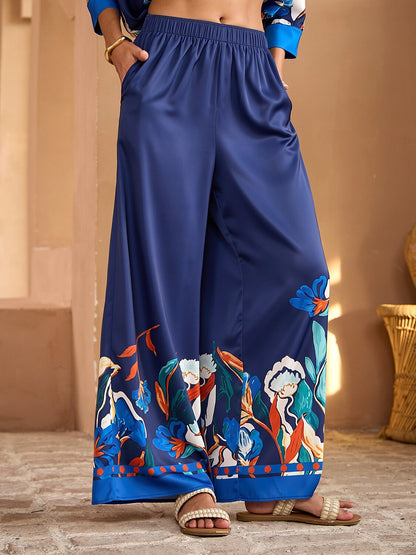 Blue Watercolor Iris  Satin Wide Leg Pants