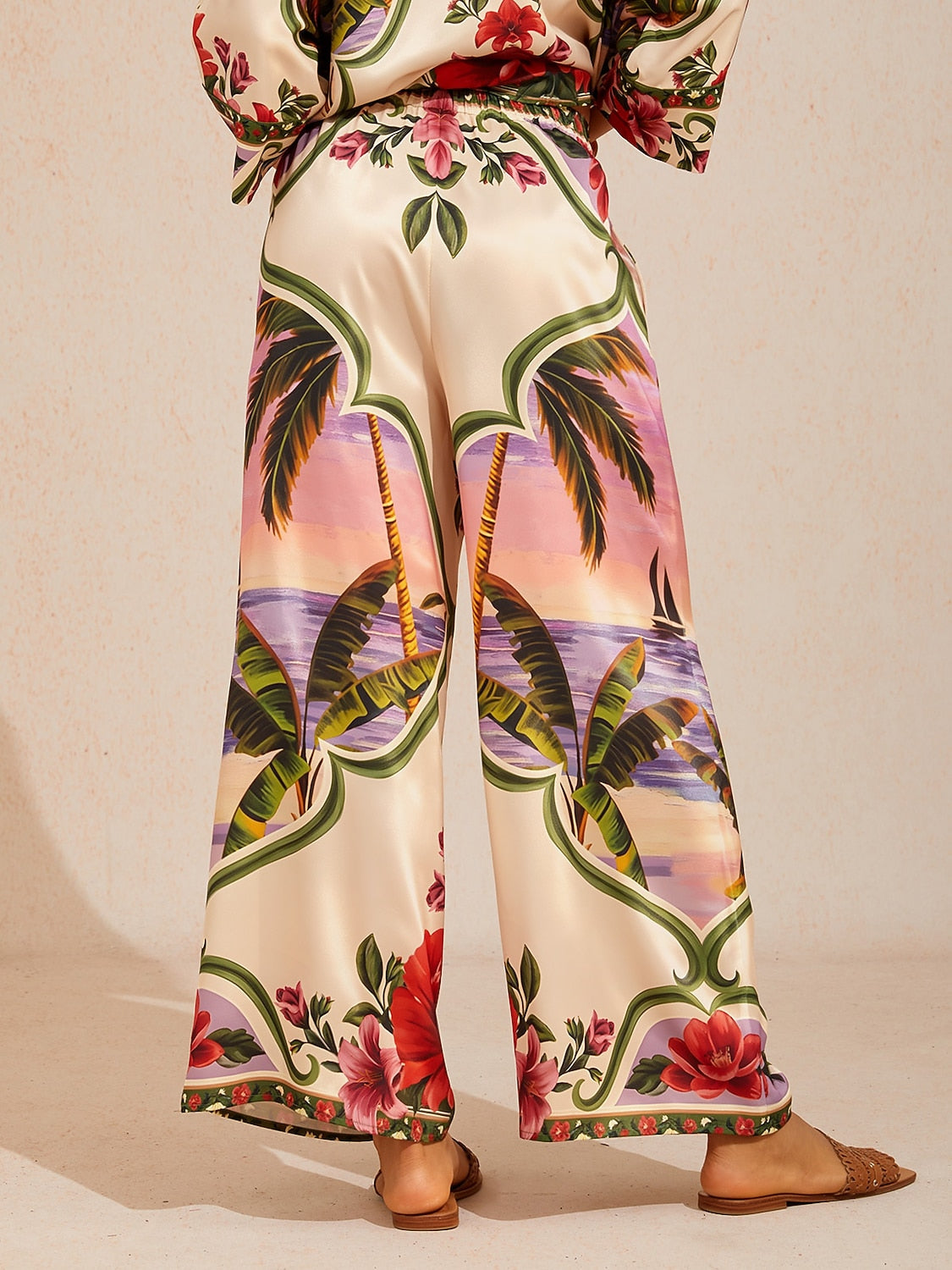 Hawaii Palm Silky Satin Wide Leg Pants